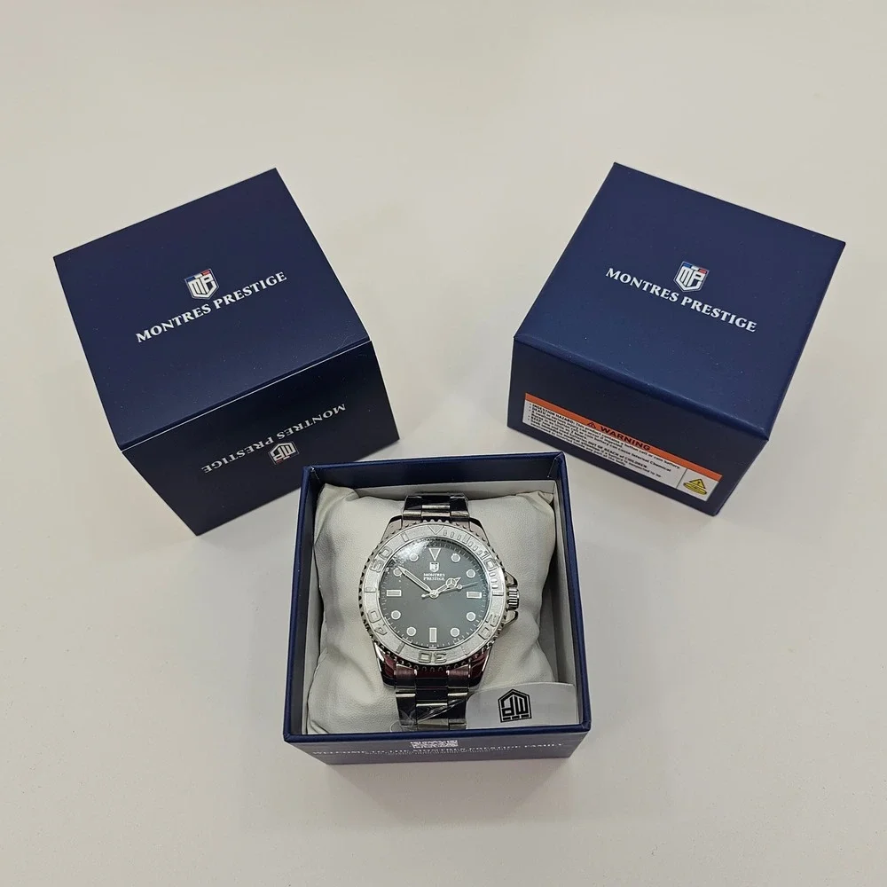 Montres Prestige MPW-0267 Mens Watch Black Dial Stainless Steel‎ Diver Style NEW
